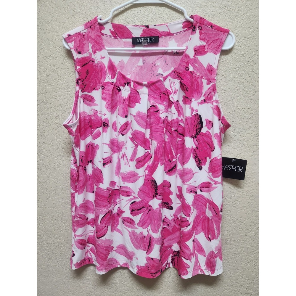 Kasper Floral Tank Top Size L Pink White Sleeveless Pleated Blouse NWT Women's